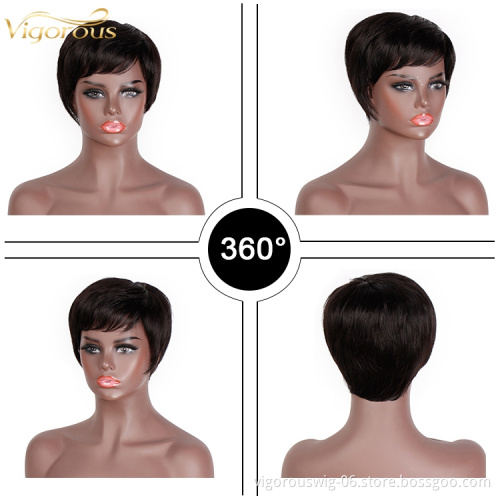 High Quality Wholesale 100% Real Brazilian Raw Short Pixie Cut Natural Black Human Hair Wigs With Side Bangs For Black Women
